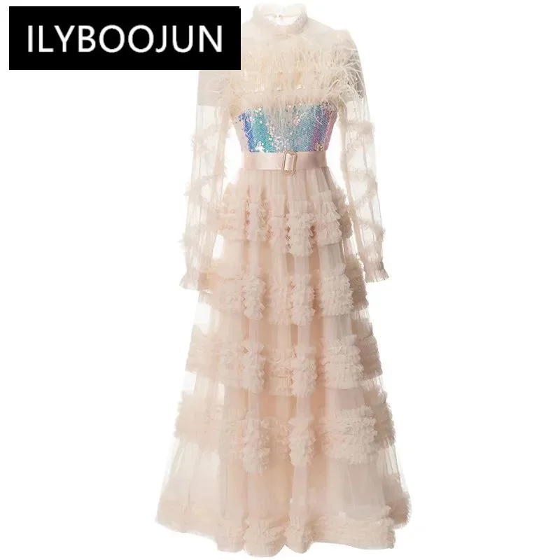 

ILYBOOJUN Fashion Designer spring Summer Women's Lantern Sleeved Feathers Sequins Mesh Flounced Edge Sashes Elegant Dresses