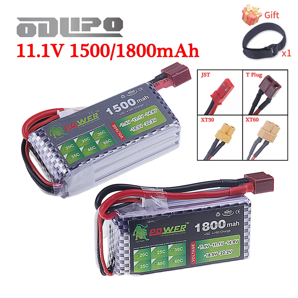 11.1V Lipo Battery 1500mAh 1800mAh 40C~60C With Deans T JST XT30 XT60 Plug For FPV Airplane Drone Remote Control Toys 3S Battery