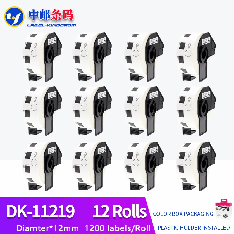 12 Rolls Generic DK-11219 Label Compatible for Brother Thermal Printer Diameter 12mm Round All Come With Plastic Holder