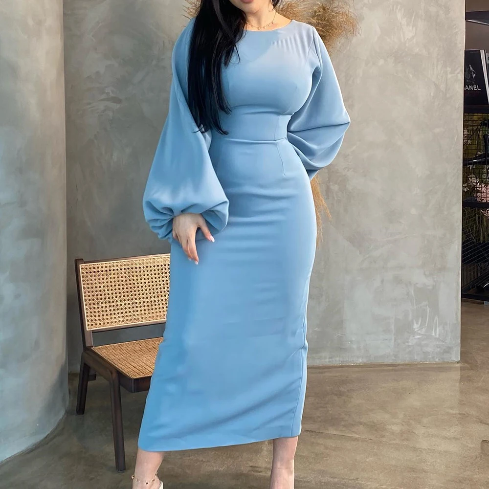 

Dubai Evening Caftan Dress Long Sleeves Jersey Straight O-neck Tea Length Solid Color Pleats Elegant Bespoke Occasion Gowns 2024