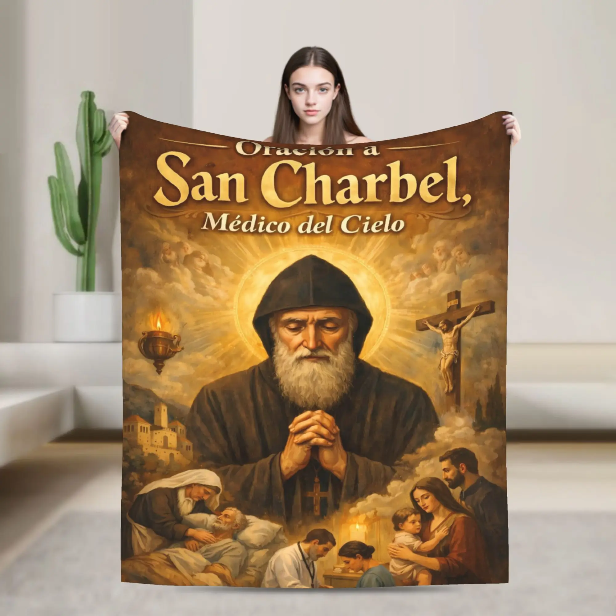 Blessed Saint Charbel Gold Chalice Icon Blanket  Picnic Flannel Throw Blanket For Outdoor Warm Soft Quality Bedspread Gift Idea