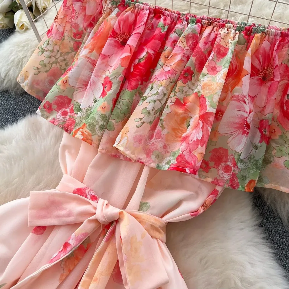 Elegant Ruffle Print Slash Neck Lace-up Vintage Cape Sleeves Chic Chiffon Slim Dresses Fashion Spring Women High Street Clothing