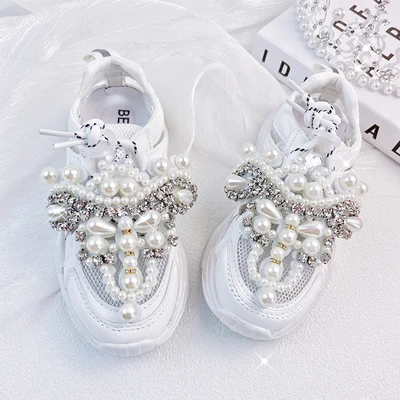 Princess Pink Pearls Spring/Autumn Children Shoes Crystal Toddler Girls Sneakers Mesh Breathable Fashion Casual Kids Shoes 26-38