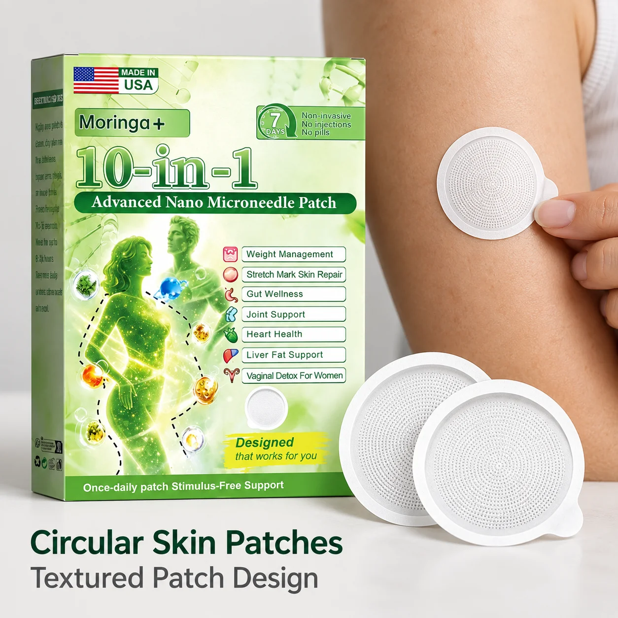 Nano Microneedle Body Patch Design For All Skin Types With A Gentle Formula And Round White Design Suitable For Men And Women