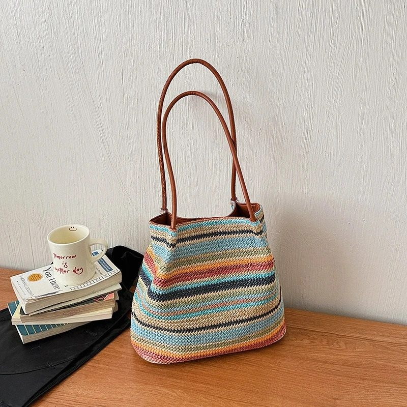 2026 New Striped and Multi-color Handbag Made of Woven Grass, A Simple and Spacious Shoulder Bag in The Shape of A Watering Can