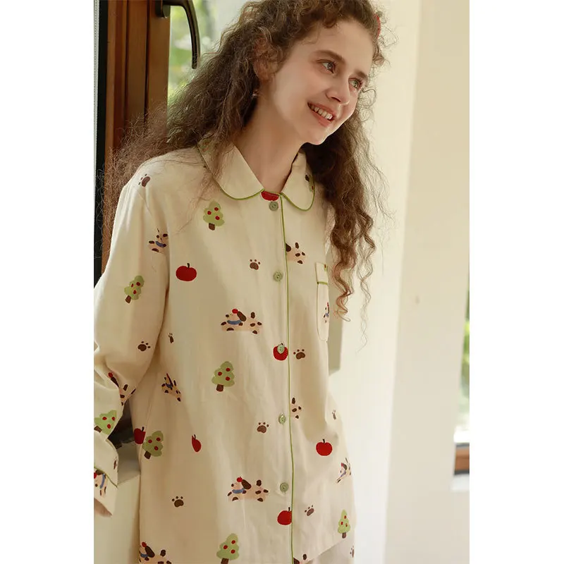 طقم بيجامة عيد الميلاد اللطيف للنساء ملابس نوم دافئة من الفلانيل مع طباعة كاواي بير أبل ملابس شتوية مريحة بأكمام طويلة ملابس منزلية #3