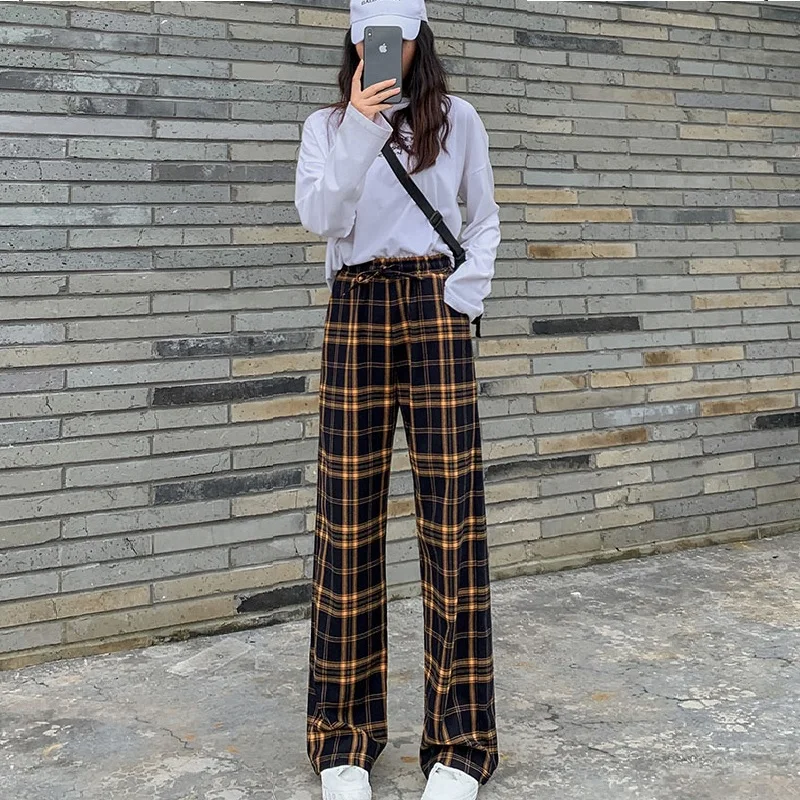 

Vintage Plaid Elastic Waist Long Pants Women Spring Warm Wide Leg Pants Casual Female Korean Trousers Lady Long Pants