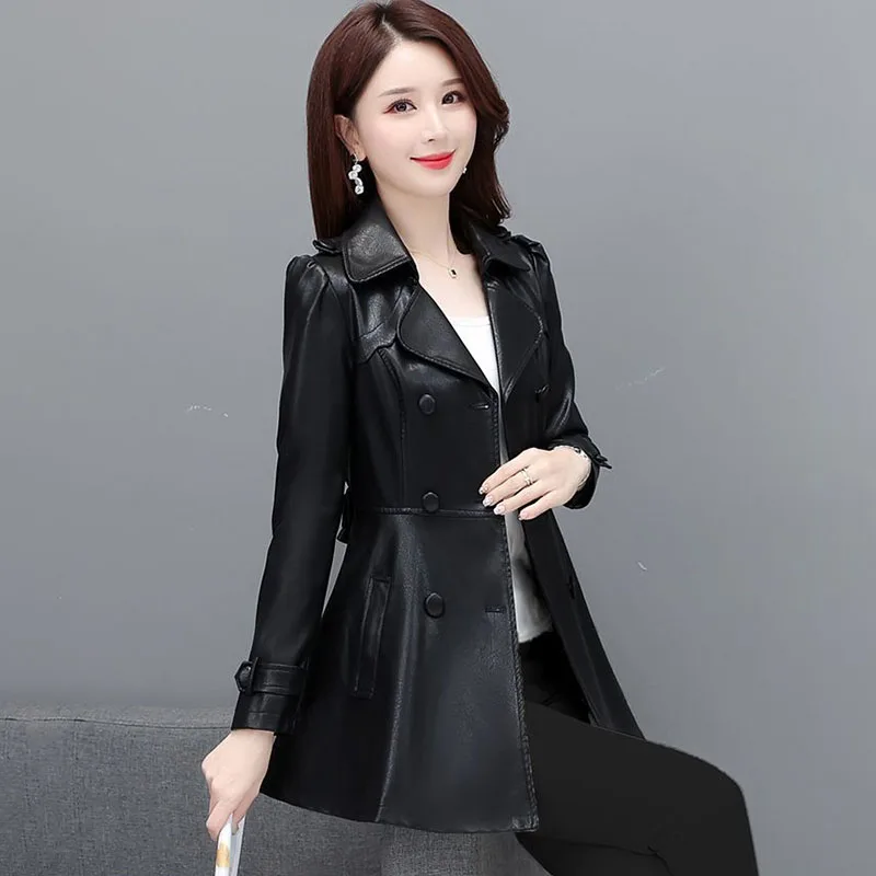 High-End Leather Jacket Women's Overcoat Spring Autumn 2024 New Korean Slim Belt All-Match Double-Breasted Leather Coat Tops