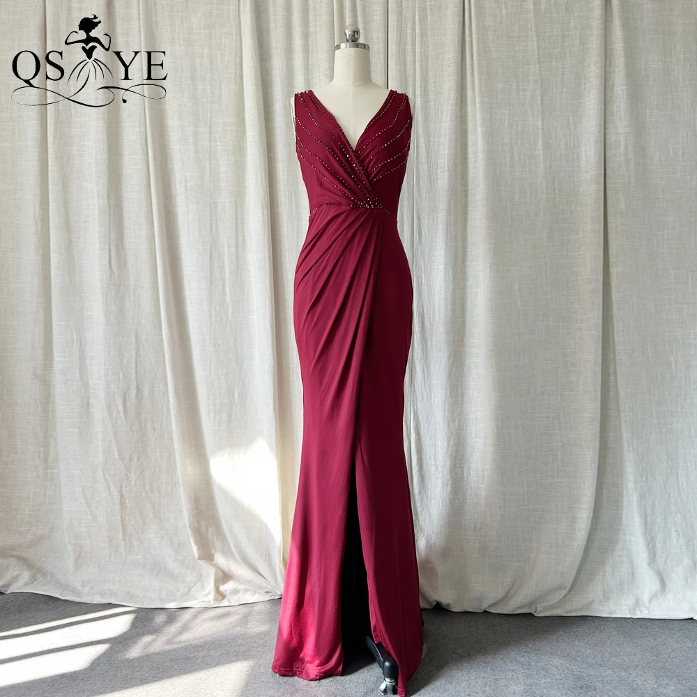 

Dark Red Bridesmaid Dresses Long V neck Beaded Stone Bodice Spandex Prom Gown Ruched Front Split Party Lady Simple Evening Gown