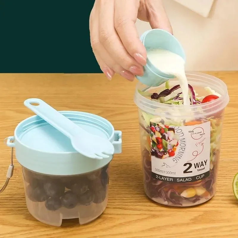 Breakfast Fruit Oat Yogurt Salad Cup With Lid Spoon Two Layer Food Storage Portable Fitness Weight Reducing Food Storage Cup