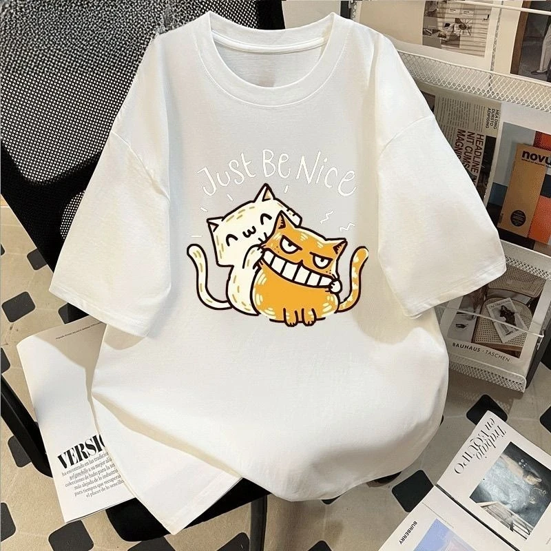 هونج كونج نمط تمزيق الفم القط طباعة قصيرة الأكمام تي شيرت الرجال والنساء الصيف عادية تنوعا شعبية نصف كم #2