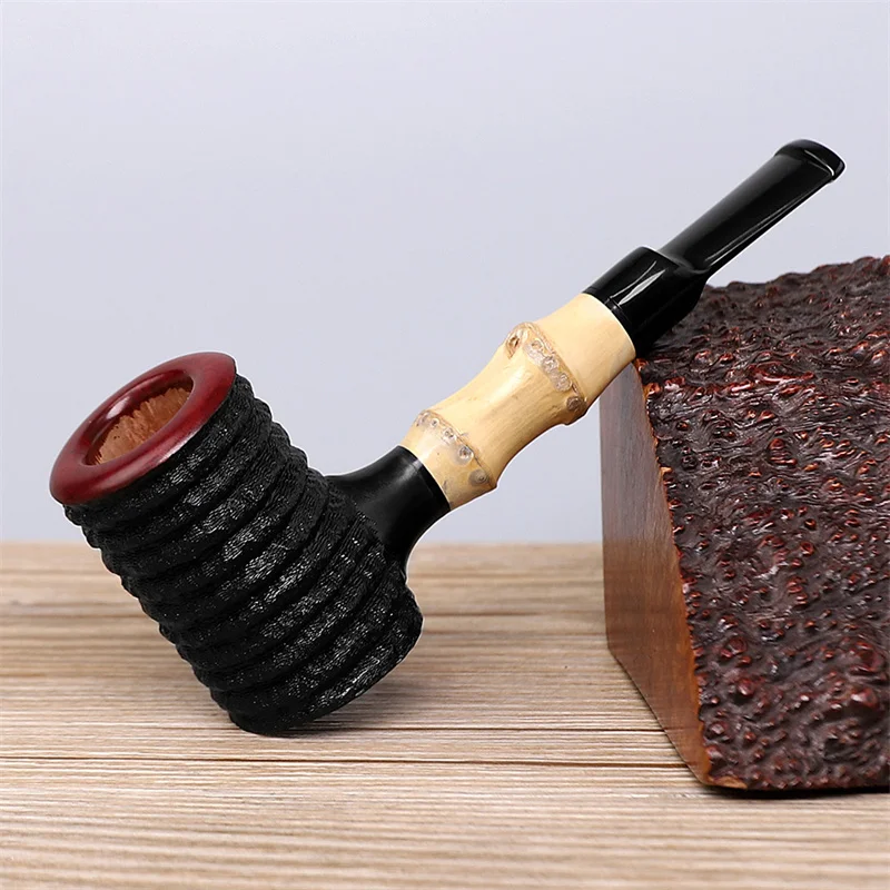 MUXIANG Briarwood Carved Hammer Shape Black Bamboo Straight Stem Pipe for Smoking with 3MM Filter Free 10 Pipe Tools aa0472S-PS1