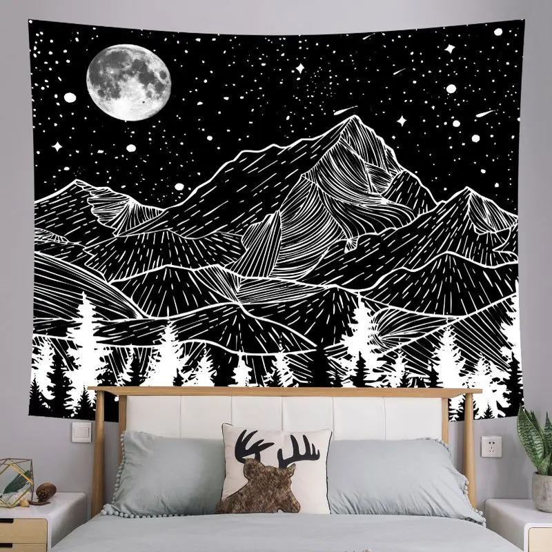 VIKAMA Retro Mountain River Wave Skull Sun Moon Tapestry Black White Wall Hanging Bedroom Dorm Decor