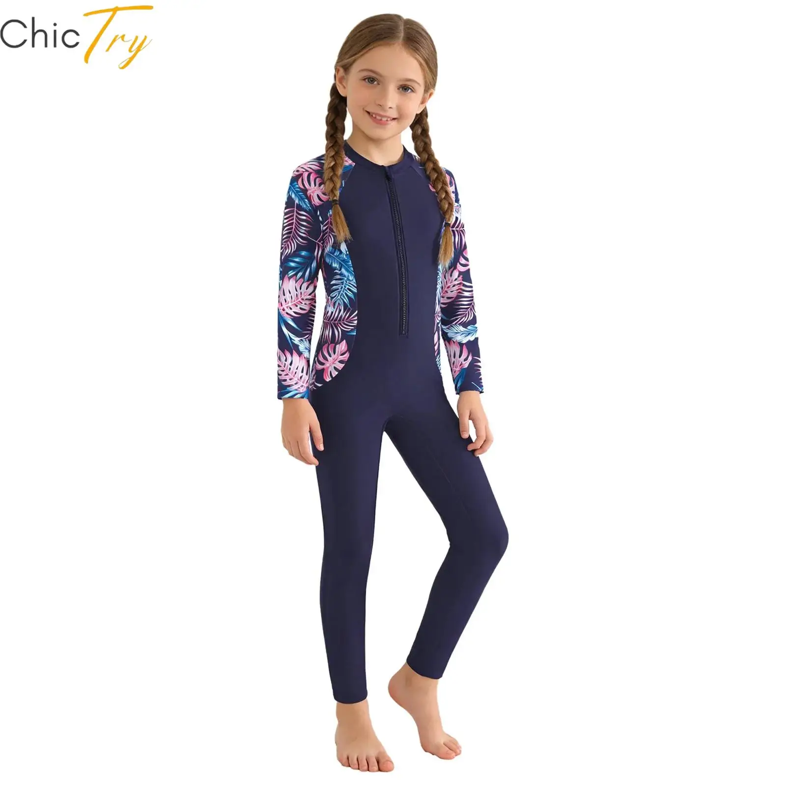 

Детский цельный купальник для девочек с длинными рукавами и застежкой-молнией, комплект с длинными штанами и защитой от солнца для серфинга, дайвинга и активного отдыха