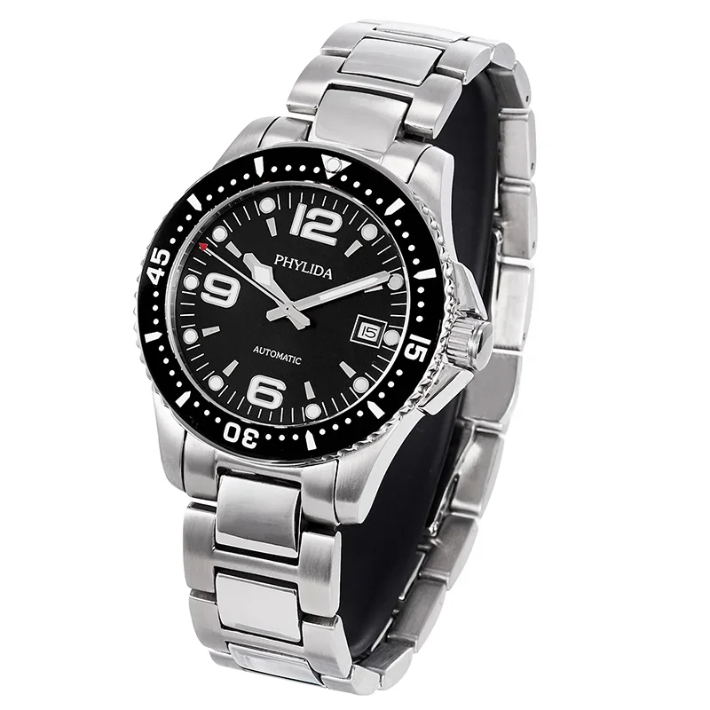 Phylida 40mm Automatic Sport Diver Watch Black Dial Japan Miyota Classic Watches for Men Luminous Sapphire Crystal