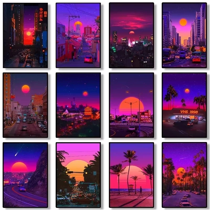 Synthwave Miami Ocaso Beach City Street Tours جدار ديكور فني ديكور منزلي صورة لغرفة المعيشة قماش طباعة ملصق