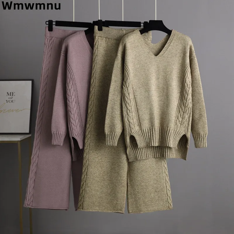 loose thick knitted women 2 piece sets casual basic soft v-nreck sweater tops ensemble korea high waist wide leg pants conjunto