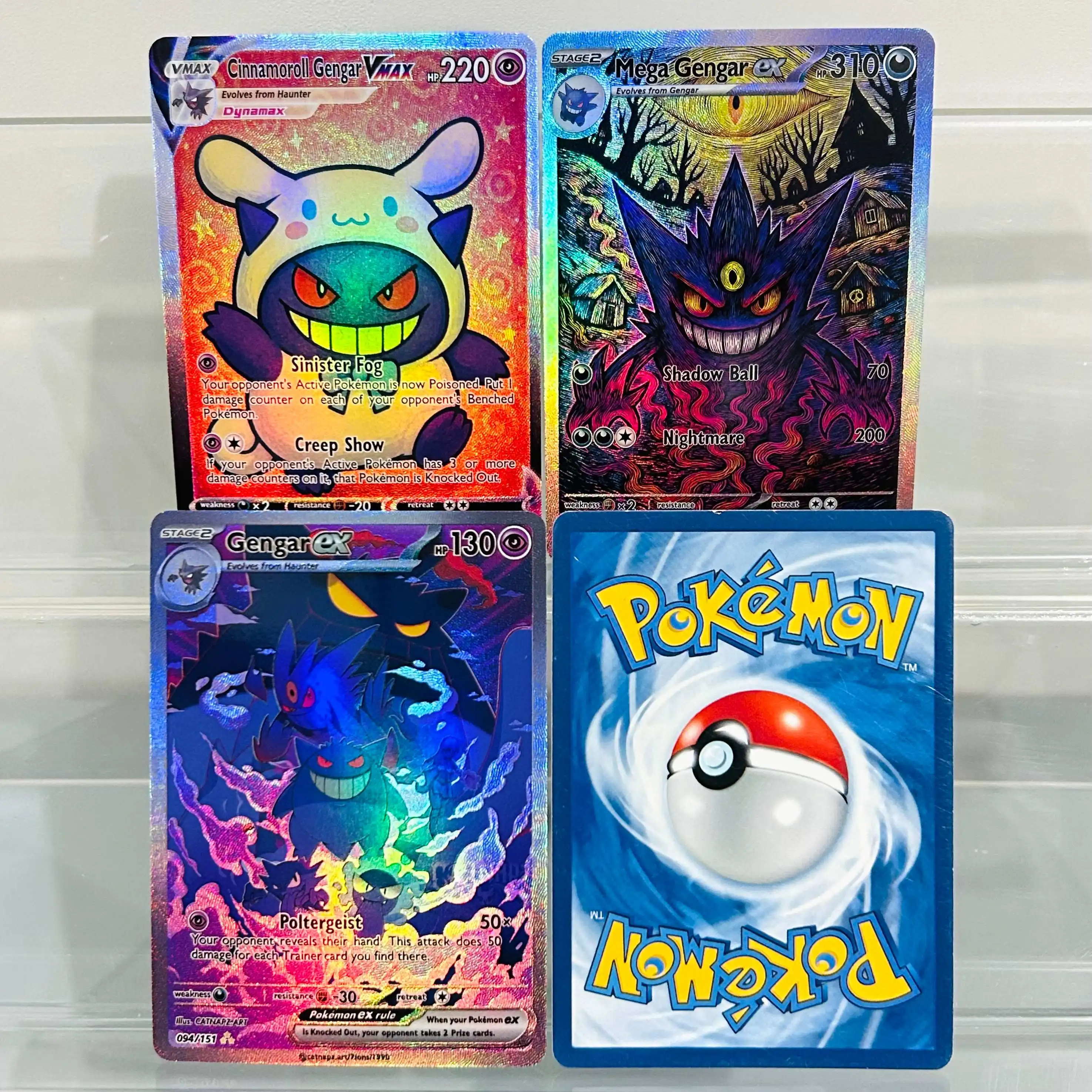 Set de 3 Cartas Pokémon Gengar (Cinnamoroll Gengar VMAX, Mega Gengar ex, Gengar ex) Holográficas, Colección Premium de Anime DIY