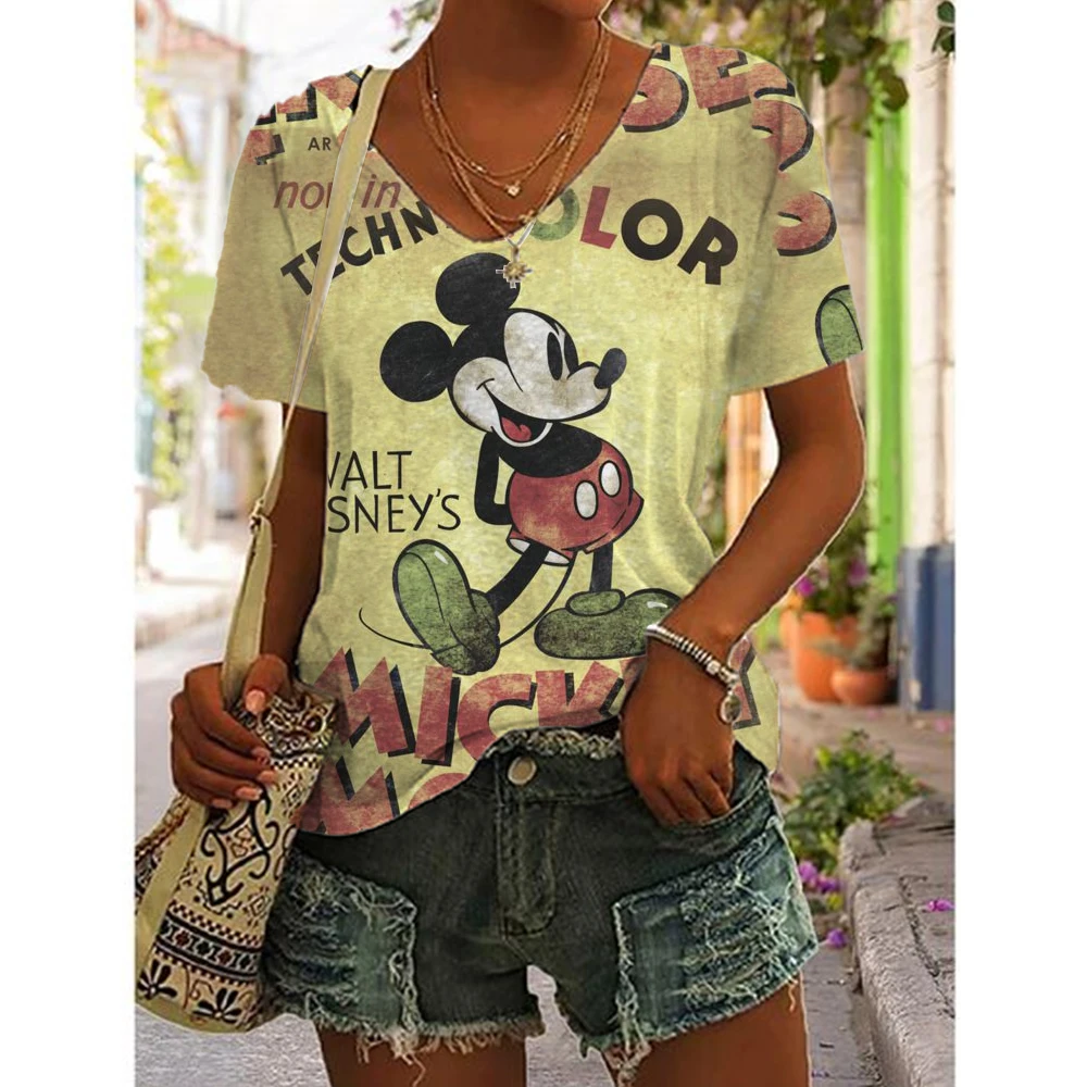 Simple Women\'s T-shirt Disney Mickey Mouse Print Tee Fashion V-neck Summer Loose Streetwear Female Clothes Casual Tshirt Ladies