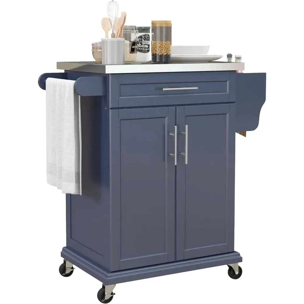 Kitchen Island on Wheels, Rolling Kitchen Cart with Stainless Steel Countertop, Drawer, Towel Rack and Spice Rack, Utility