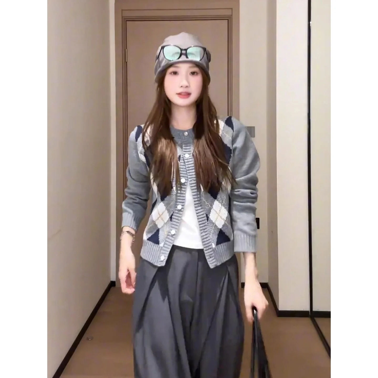 الكورية Sle ey Long Sve سترة معطف المرأة الخريف تصميم محبوك المعين نمط زر حتى سليم صالح جولة Ne الأعلى #4