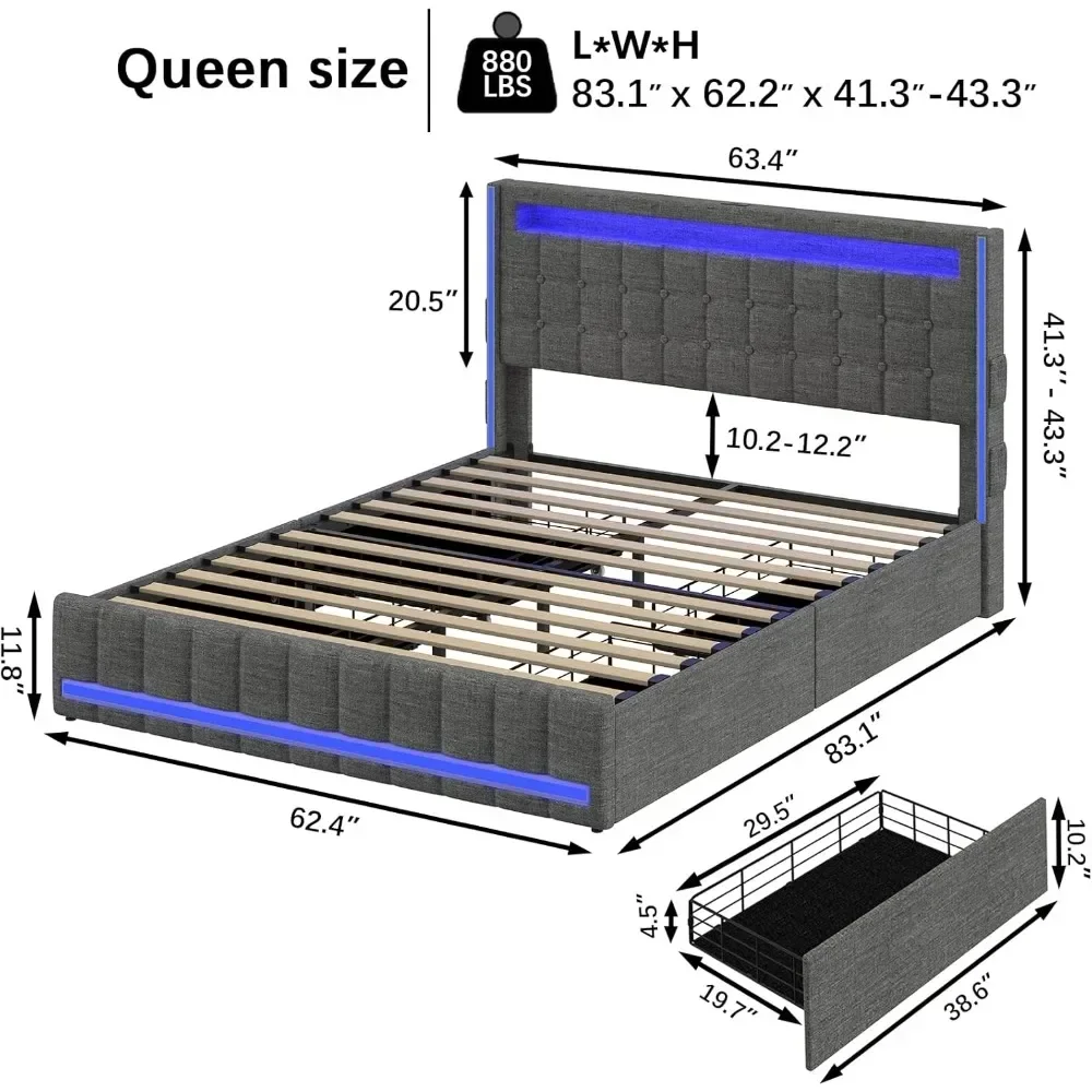 Upholstered with 4Storage Drawer,LED Light,Charging Station,Adjustable Headboard,Slats Support,No Box Spring Needed