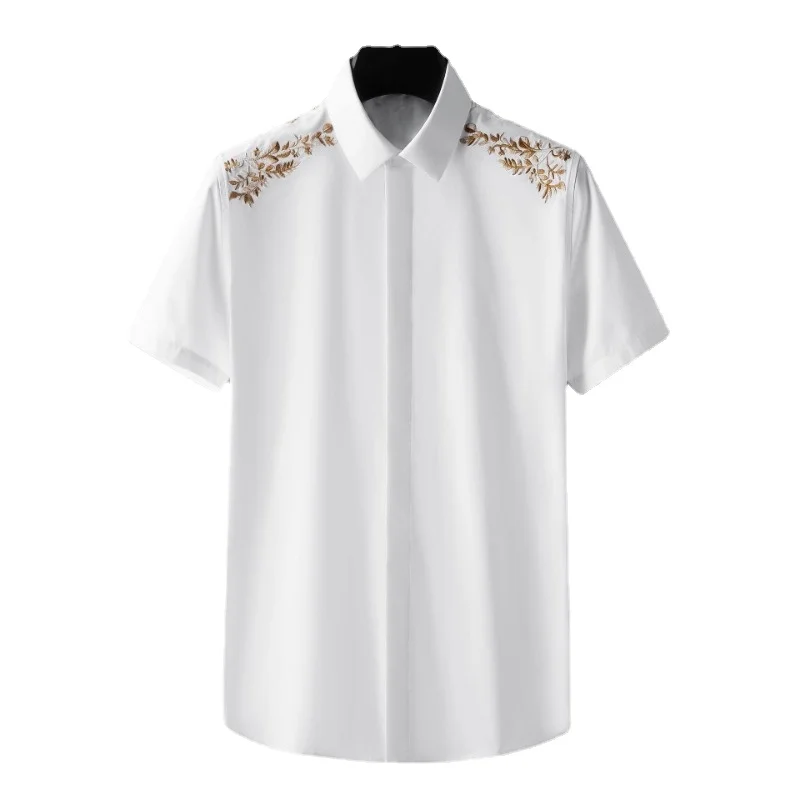 European and American runway show new precision heavy industry flower embroidery men's short sleeved shirt