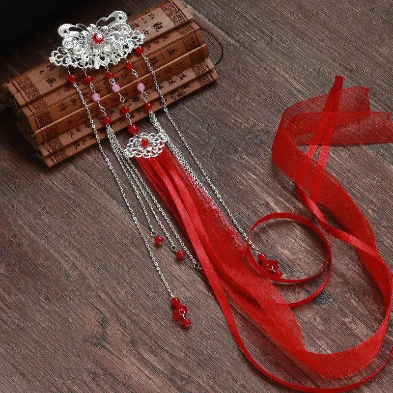 

Metal Butterfly Hairpin with Long Ribbon and Chain Fringe for Girls