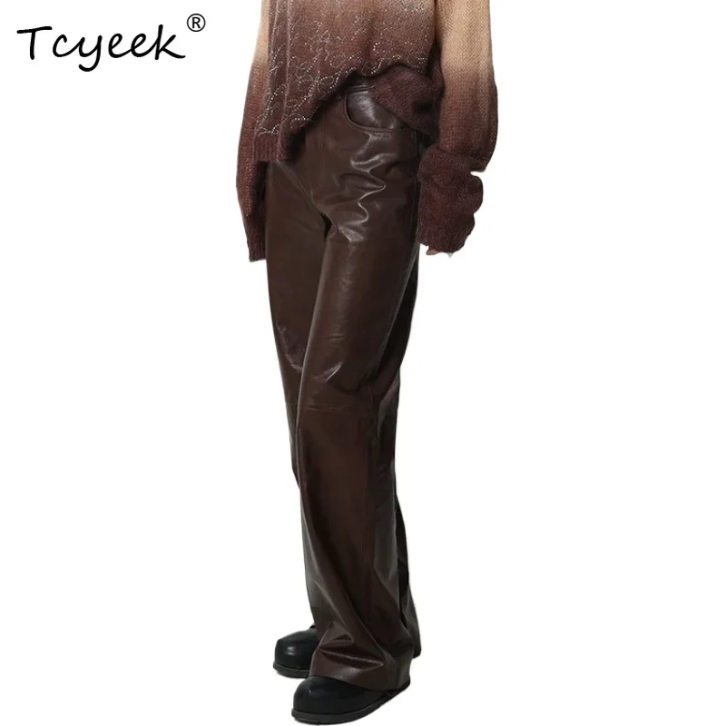 Tcyeek Genuine Sheepskin Straight-leg Pants for Women Casual Fashion Trousers Women High Quality Leather Clothes Traf Mujer