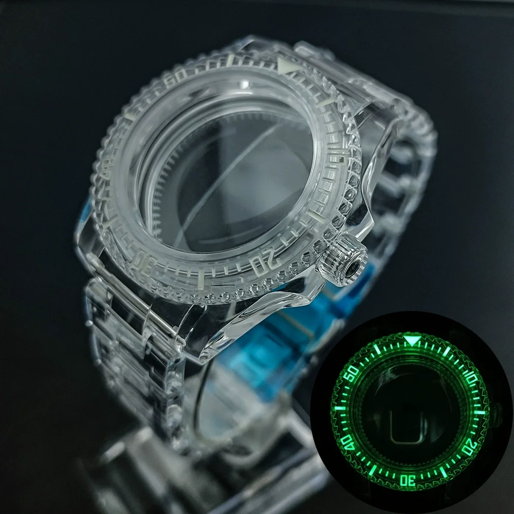 NH35 케이스 GMT 케이스 녹색 빛나는 시계 케이스 40mm 투명 아크릴 시계 케이스 NH34 NH35 NH36 NH38 무브먼트 맞는 28.5 다이얼