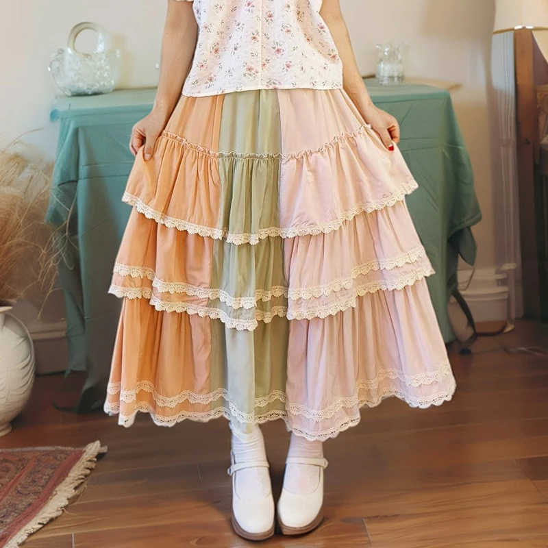 

Новая милая юбка трапециевидной формы Harajuku Mori Girl, женская одежда контрастных цветов, хлопковые плиссированные юбки Kawaii для женщин A074