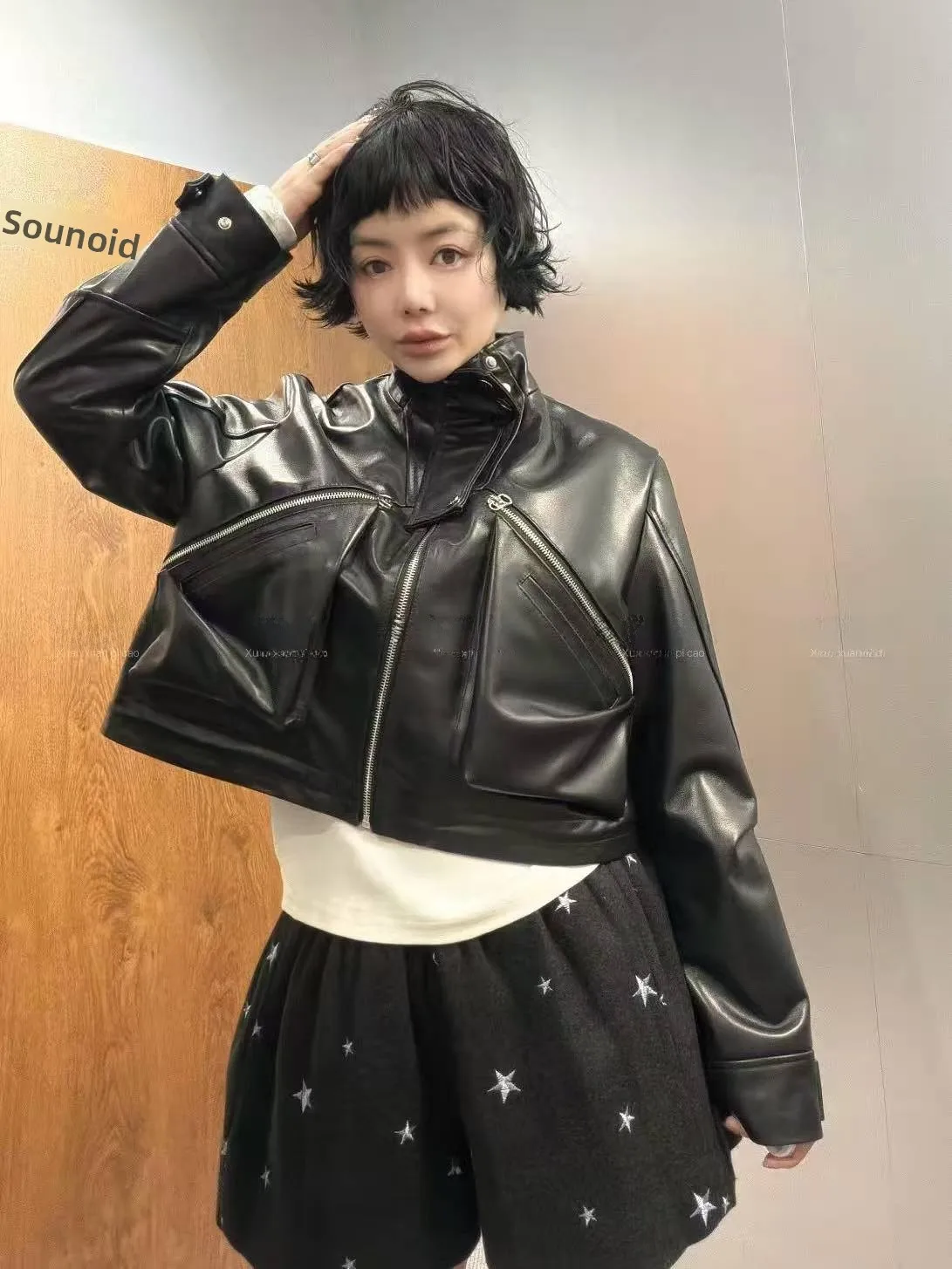 

Новая женская кожаная куртка Ning 2025 из натуральной овчины с длинными рукавами, на молнии, класса люкс, маленький размер