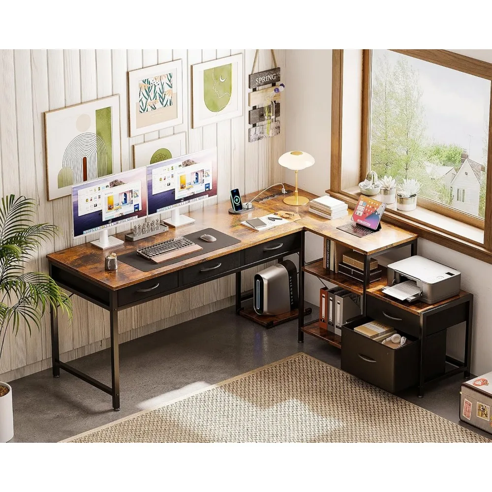 Shaped Computer Desk with Fabric Drawers and File Cabinet, 61" Reversible Home Office Workstation Desk with Power Outlets