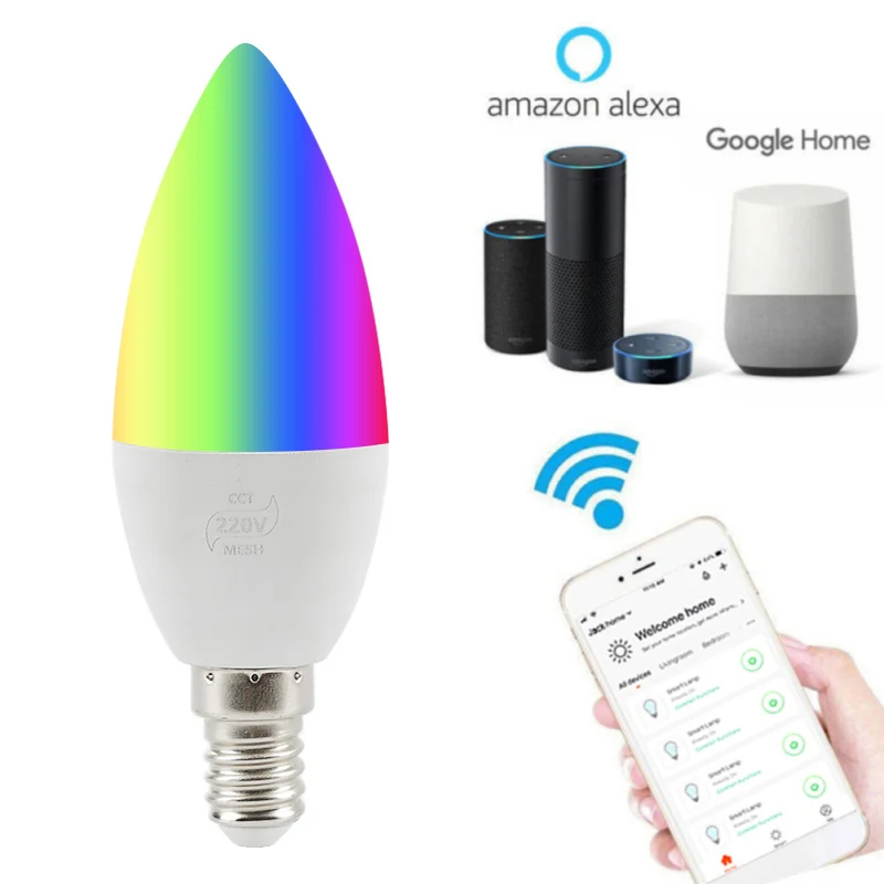 

Умная лампочка-свеча с Wi-Fi E14/E12, лампочка RGB с поддержкой Alexa/ Home/IFTTT, умный динамик с голосовым управлением, светодиодные лампочки 5 Вт, украшение