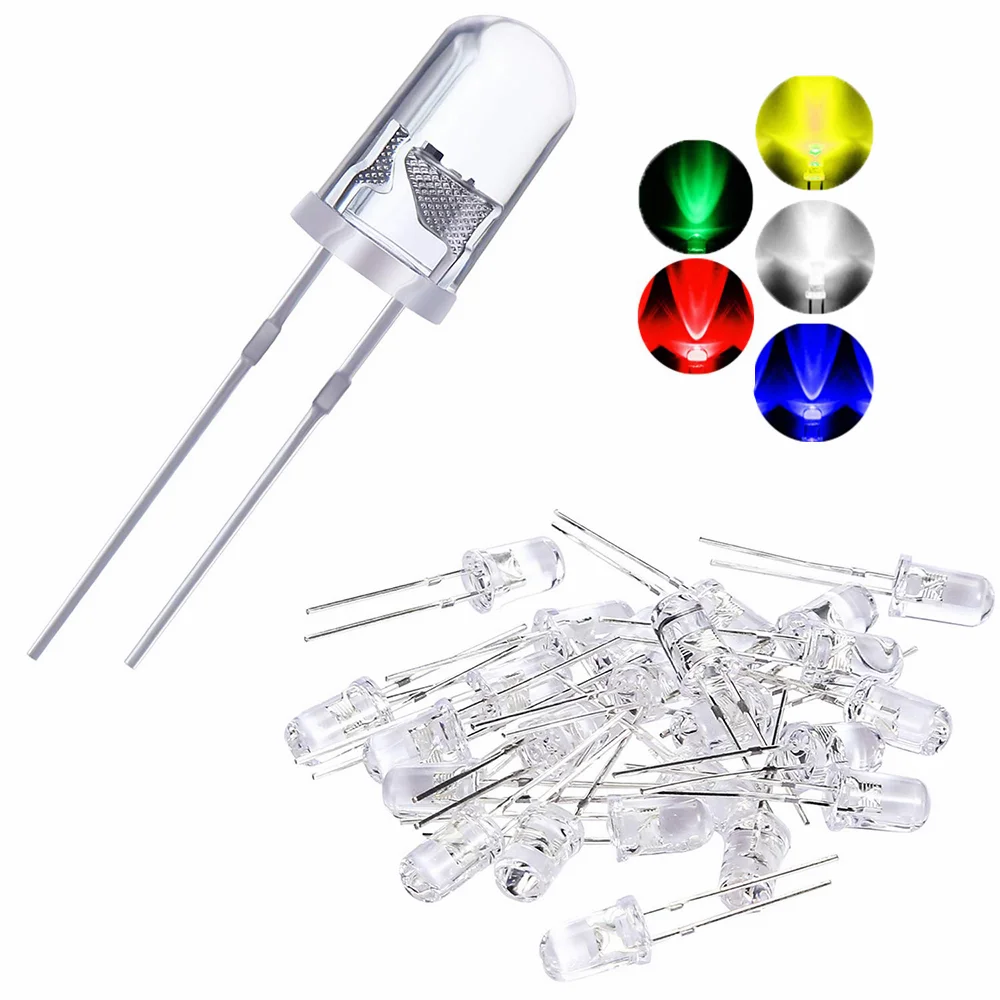 Kit d'assortiment de Diodes électroluminescentes Led multicolores, rondes et Super lumineuses, 5mm, rouge/vert/bleu/jaune/blanc, 100 pièces