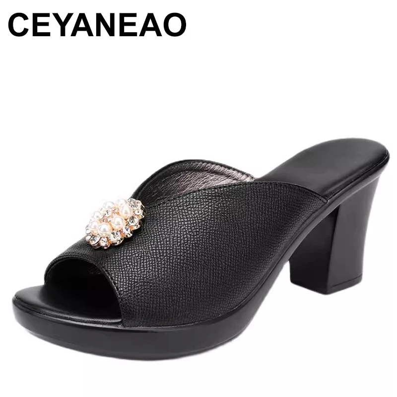 

Summer Shoes Women Slides Thick Heels Slippers Bling Open Toes Sandals Genuine Leather Women Slipper