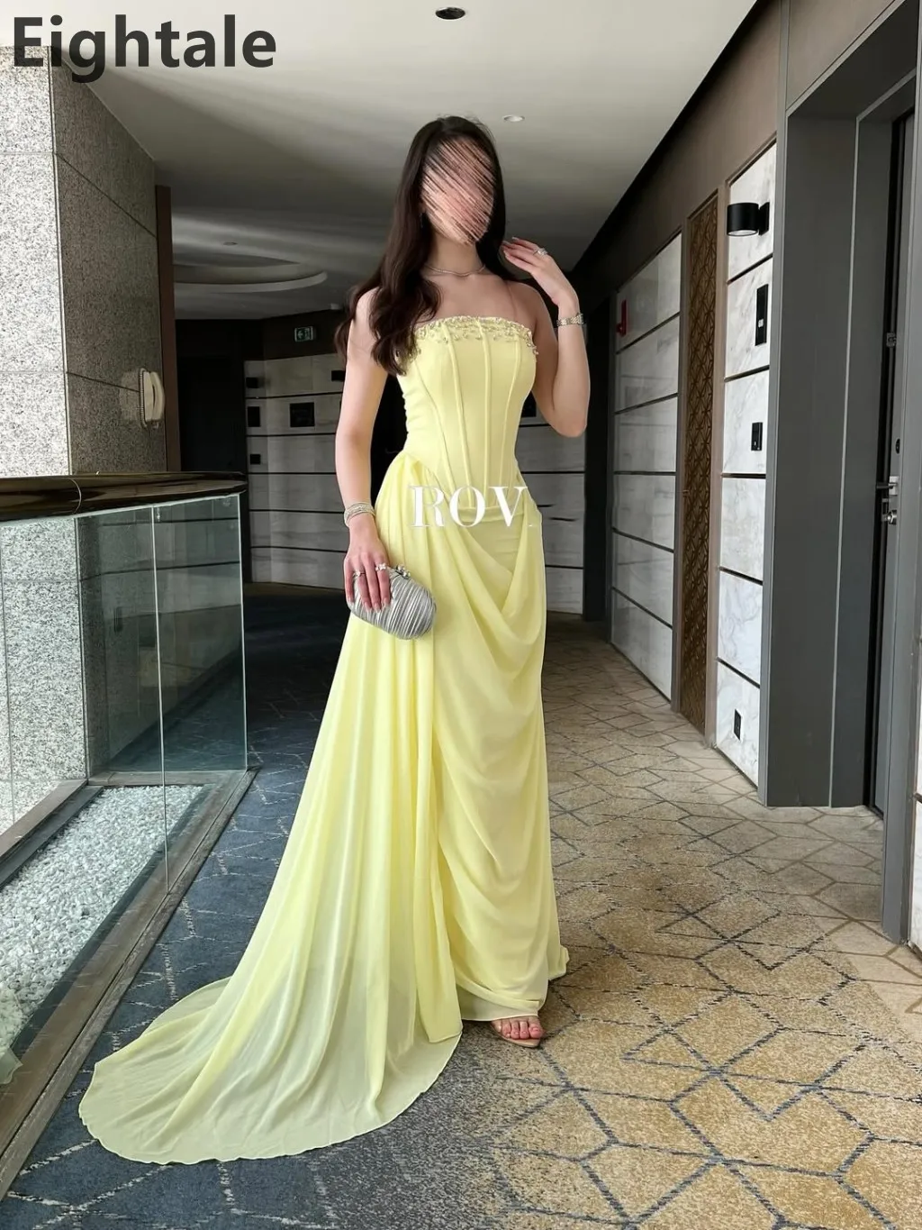 Eightale 2025 vestido de noche largo sin tirantes con cuentas de gasa amarilla vestido de fiesta de graduación árabe saudí vestidos formales personalizados