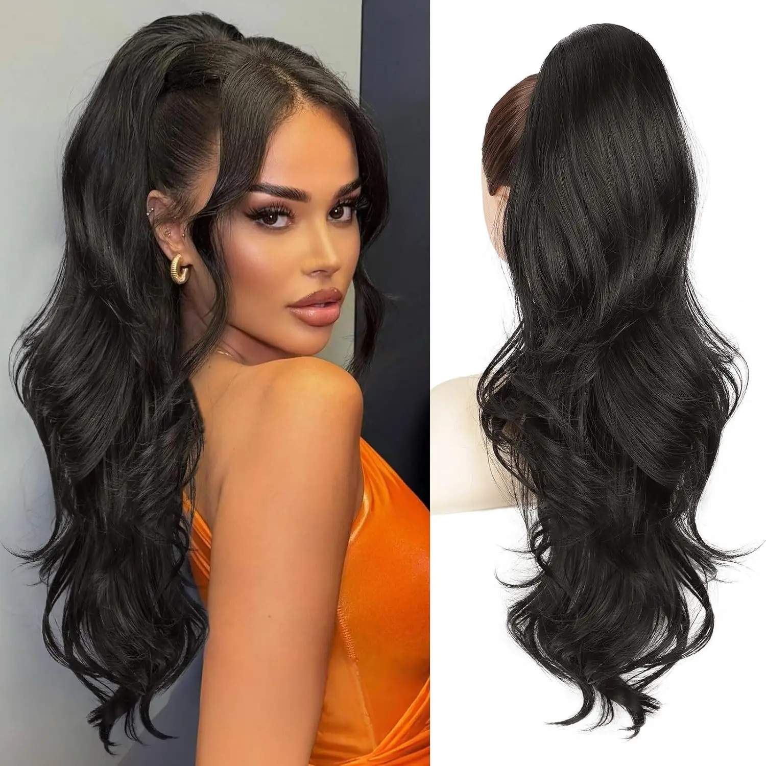 

26-дюймовый синтетический хвост-шиньон на шнурке, длинный, черный, волнистый, многослойный, для женщин, для повседневного использования и вечеринок