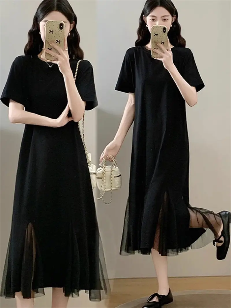 Simple 2025 New Summer Women's French Slim Dress Mesh Panel Mermaid Hem T-Shirt Dress Breathable Casual G639