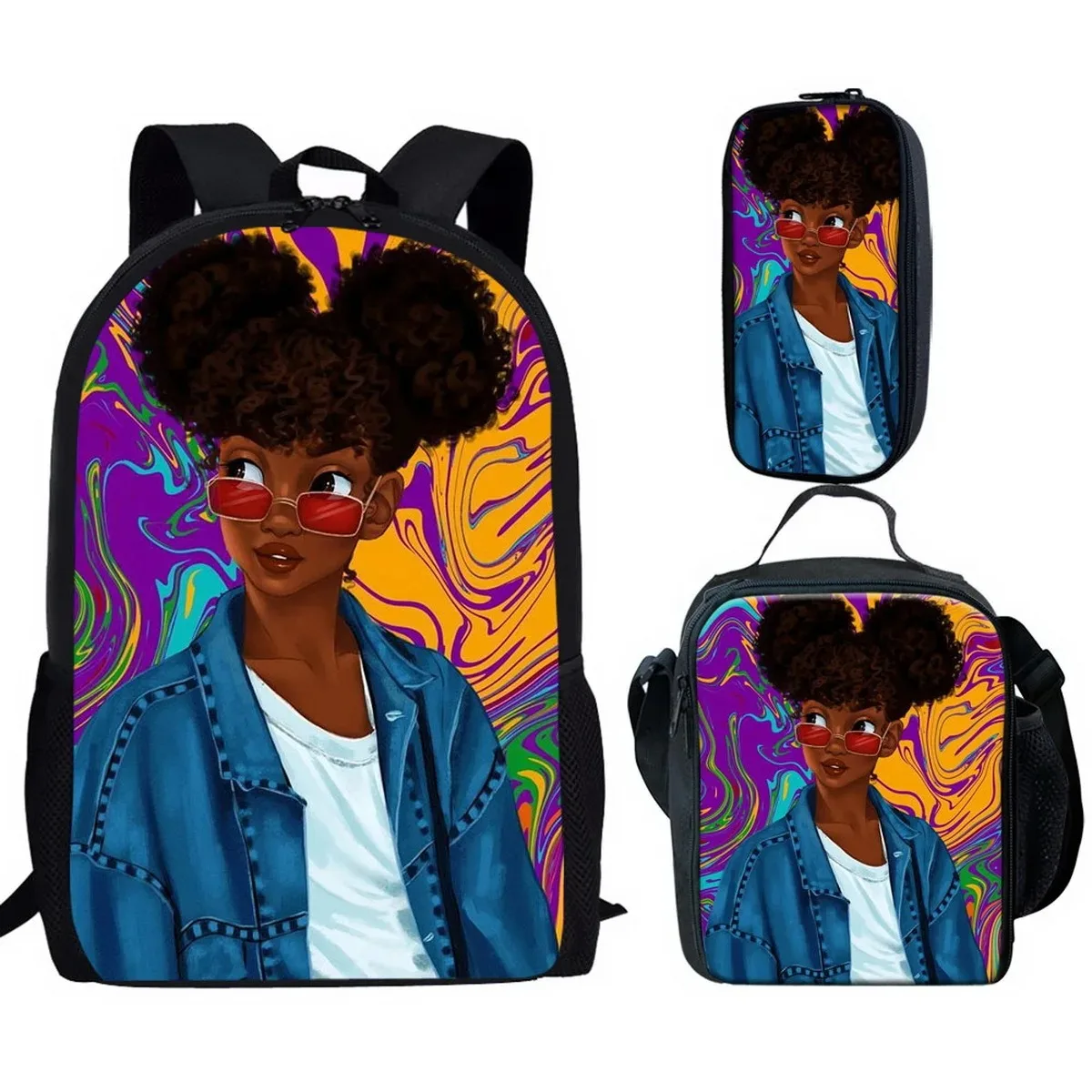 African Girl Student School Bags, Laptop Backpack, Backpack, Lunch Bag, Pencil Case, Harajuku Popular, 3D Print, New, 3Pcs per