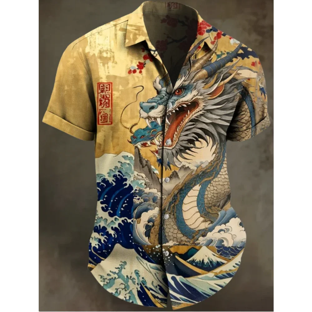 

Summer Men's Funny Animal Chinese Loong Shirt Fashion Short Sleeve Unisex Button Collar Shirt Top Casual Hawaiian Shirt Men's Li