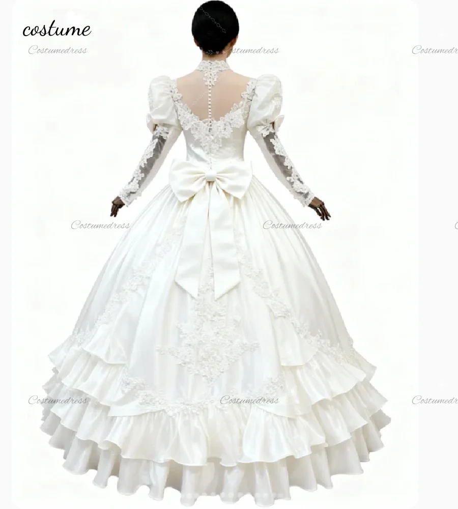 Elegant Korean Wedding Dress 2026 Tiered Lace Long Sleeve Victorian 1980s Bridal Gowns Glam Rustic Country Medieval Bride Dress