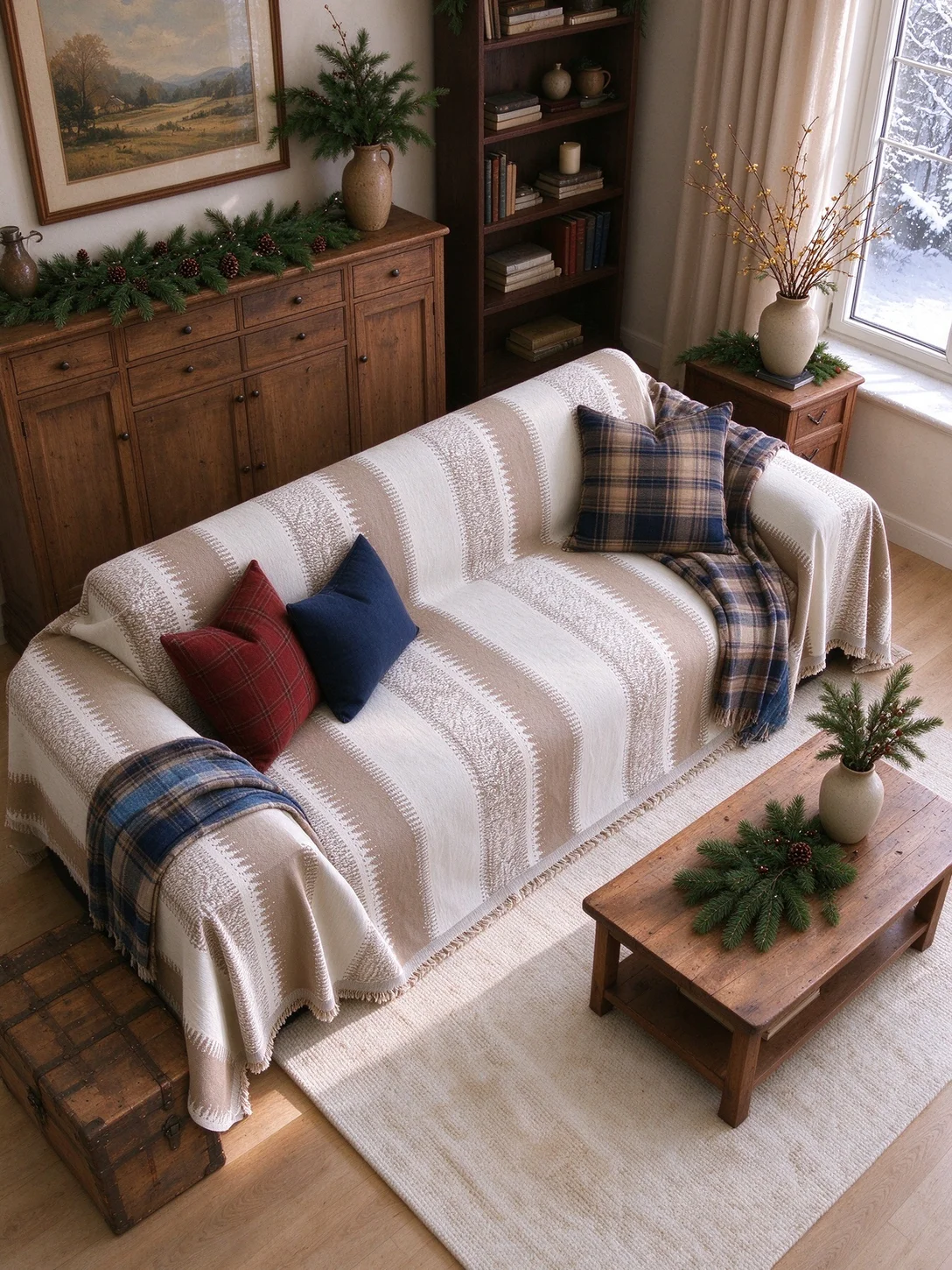 1Pc Couch Cover Chenille Jacquard, Fringe Edge | Pet Friendly, Easy Care | Indoor Lounge, Winter Decor | Nordic Cottagecore