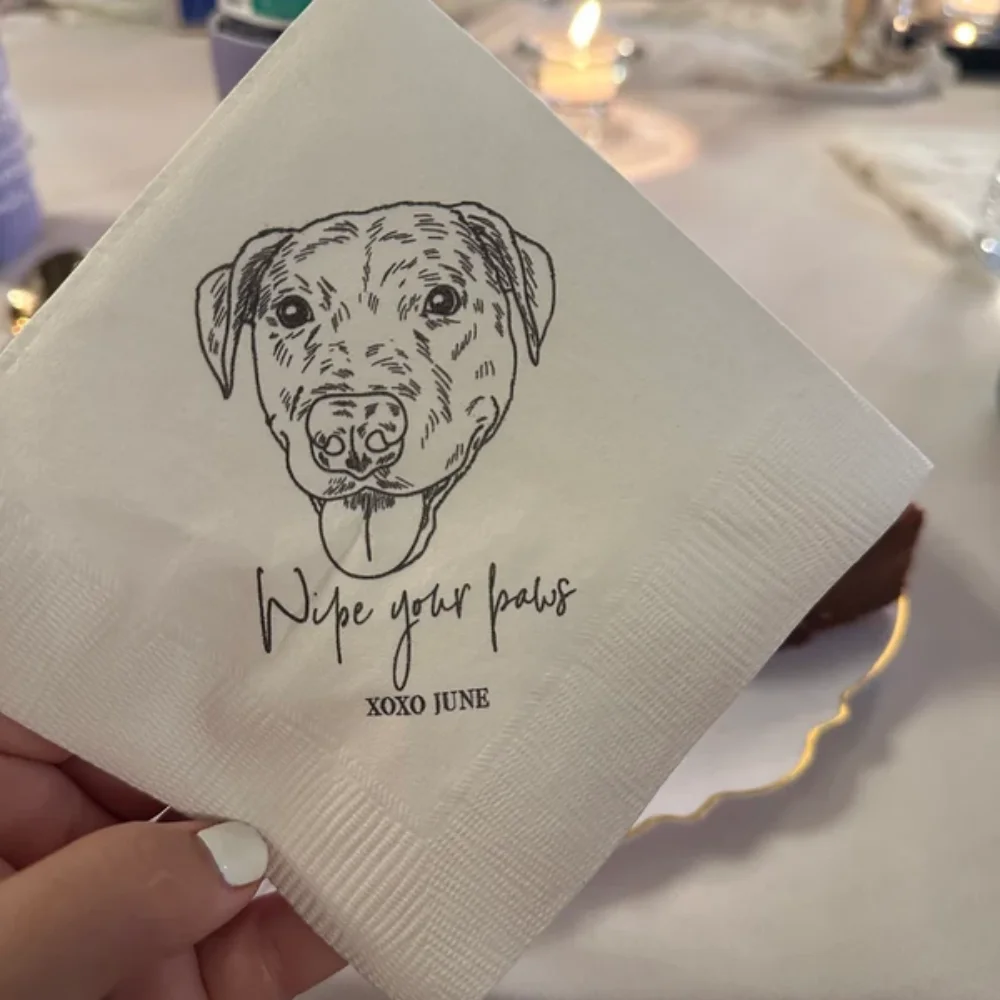 50Pcs Dog Illustration Wedding Cocktail Napkins, Custom Pet Portrait, Napkins For Wedding, Dog Lover Wedding, Pet Sketch Napkins