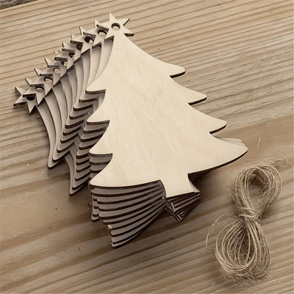 10Pcs Christmas Tree Shape Wooden Crafts Hanging Ornaments Unfinished Christmas Tree Pendant Christmas Decoration Wood Slices