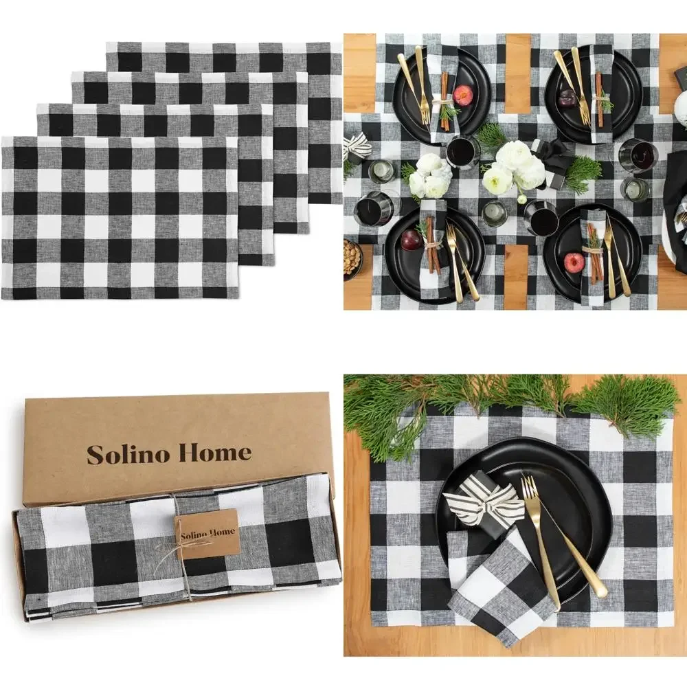 

Black and White Buffalo Plaid Pure Linen Checkered Placemats Set of 4, 14 x 19 Inches - Farm Style Dining Decor