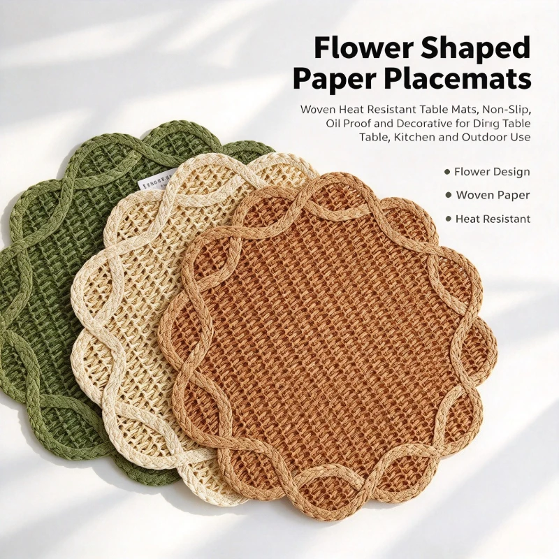 1PC Round Flower Paper Woven Placemat Heat Insulation Western Table Mat Creative Dining Table Decor Photo Shooting Props