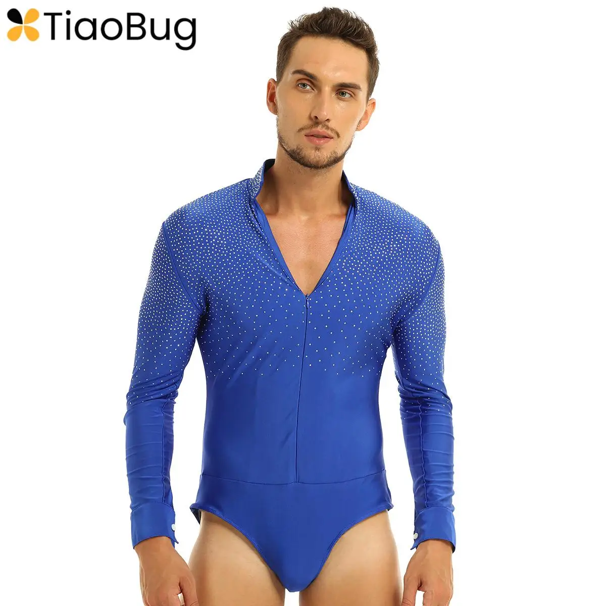 

Men's Latin Dance Leotard Shirts Long Sleeve Shiny Rhinestones V-neck Bodysuit Shirt Tops Party Ballroom Tango Rumba Dancewear