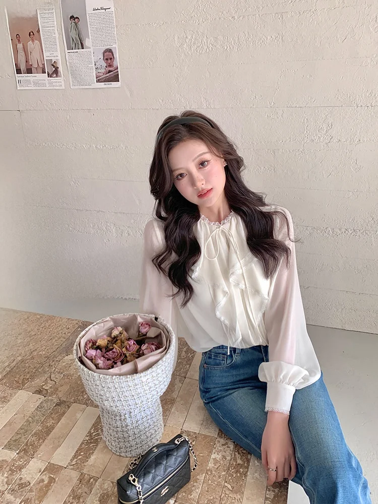 

Блузка ручной работы из шелкового шифона с длинным рукавом, белая, драпированная, с имитацией шелкового кружева, офисная, прямого кроя, полиэстер...