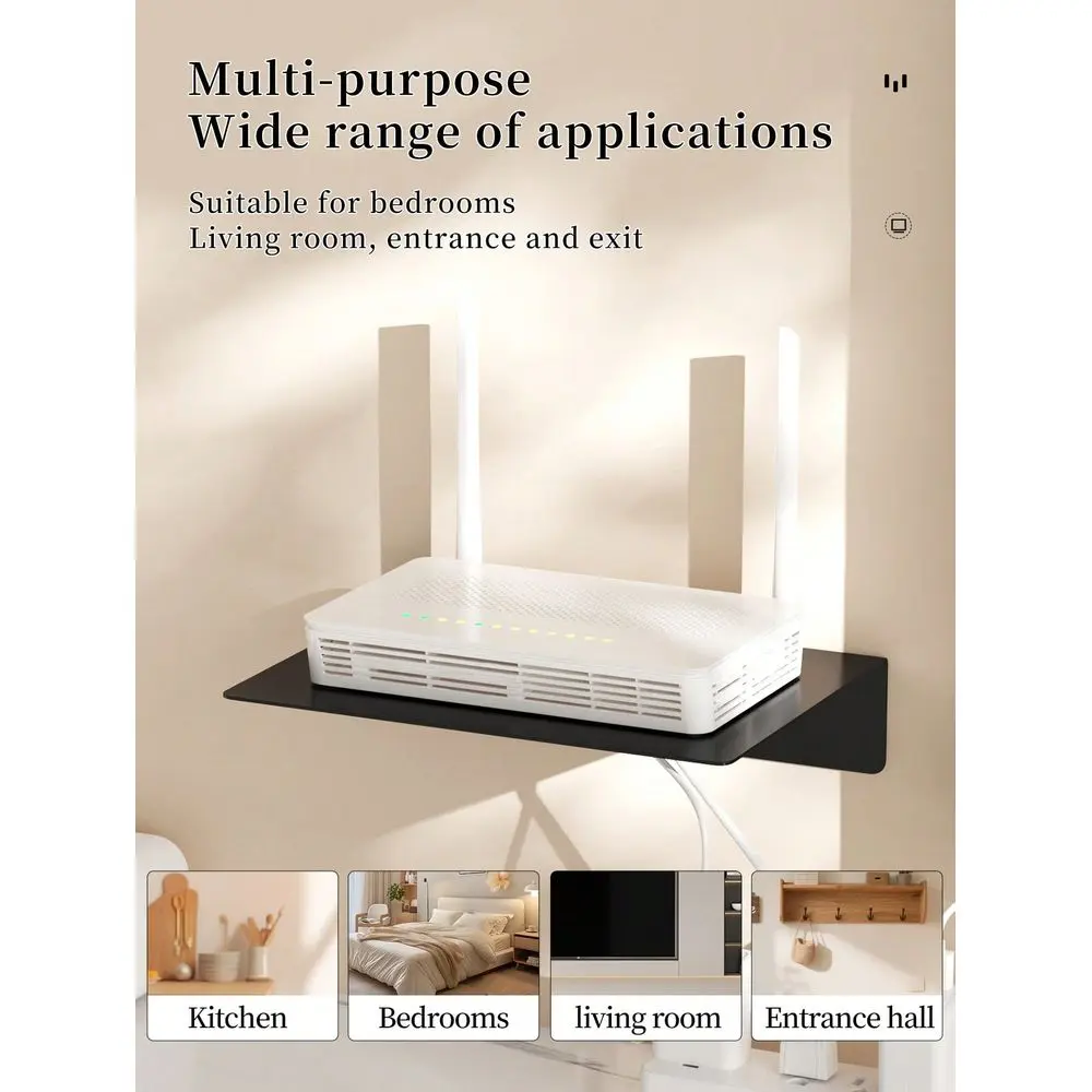 Wall-Mounted No-Drill Storage Shelf, Router Holder, Monitor Organizer, Suitable For Living Room Bedroom Home Storage, Black Storage Rack, Multi-Function Organizer